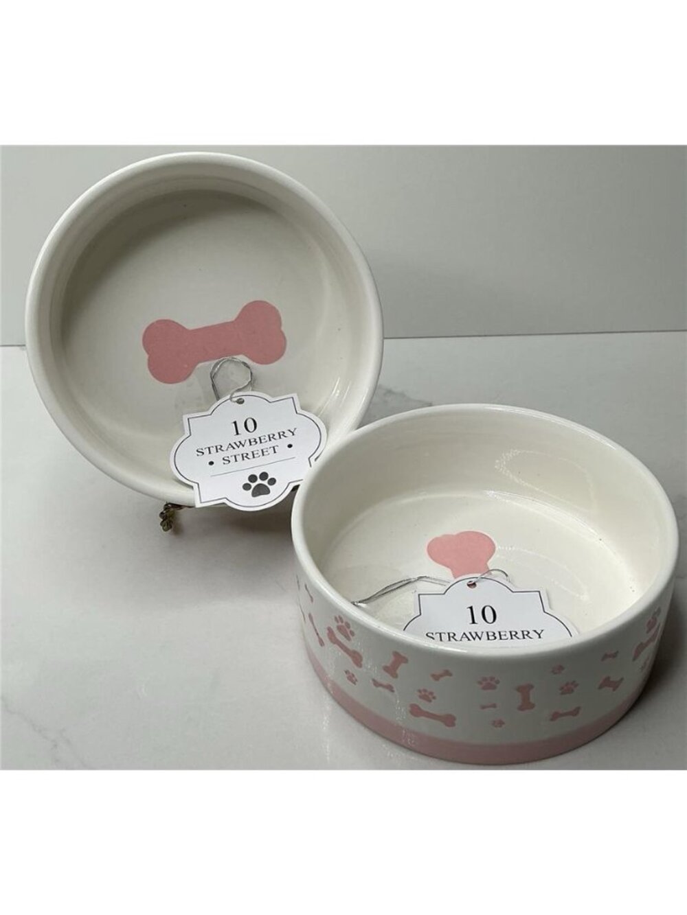 2 Pet Bowls 10 Strawberry Street Pink Bone Embossed Pink Ceramic New